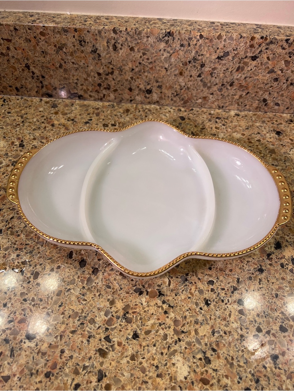 Fire King White Divided Relish Serving Tray with Gold Beaded Rim 11x8x1.5”